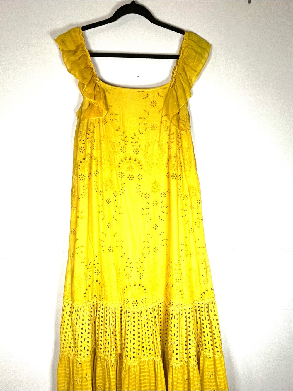 Anthropologie Yellow Eyelet Maxi Dress with Ruffle Straps